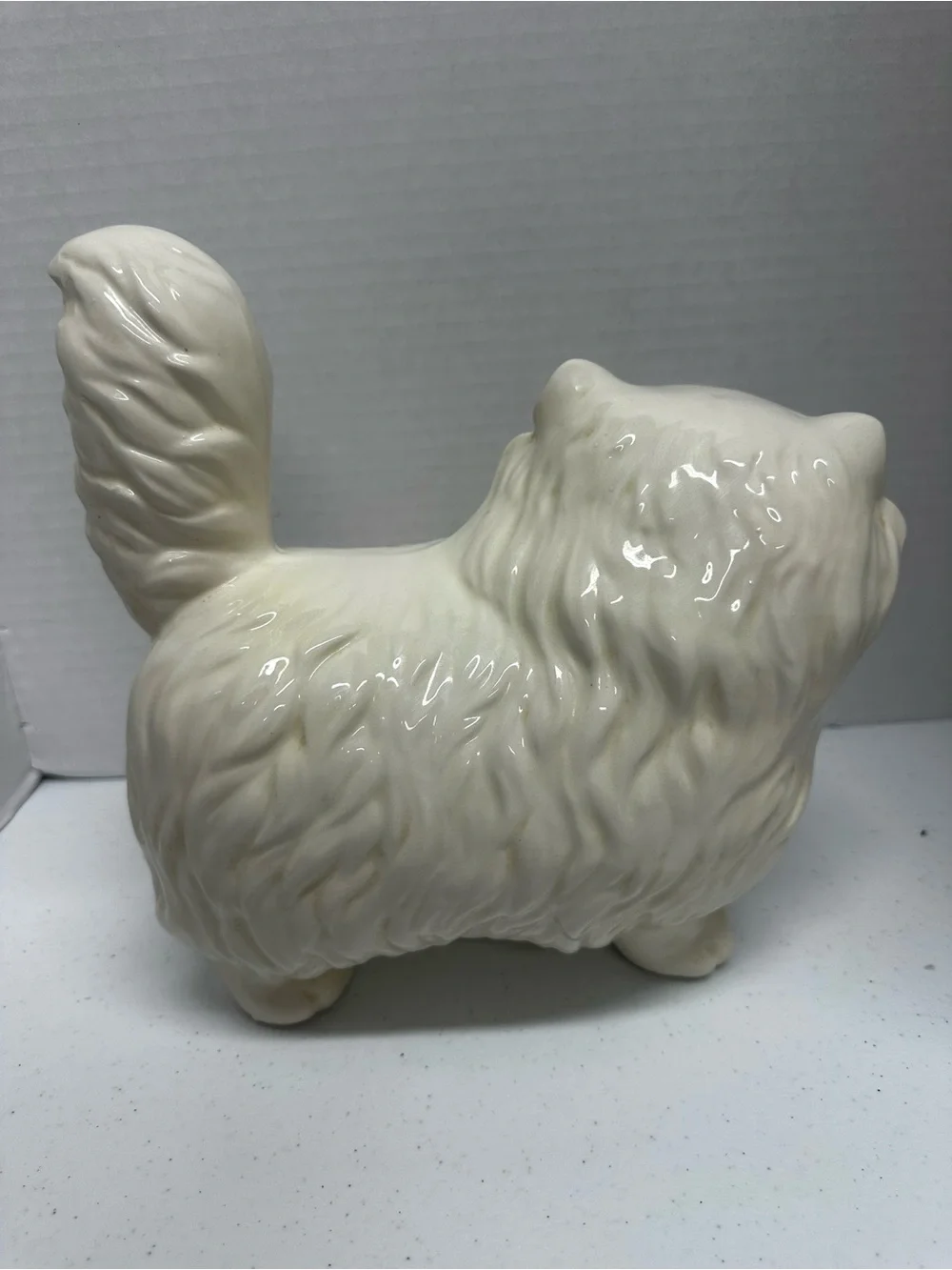 Vintage White Ceramic Persian Cat Figurine Blue Eyes Kitschy Mid Century Decor